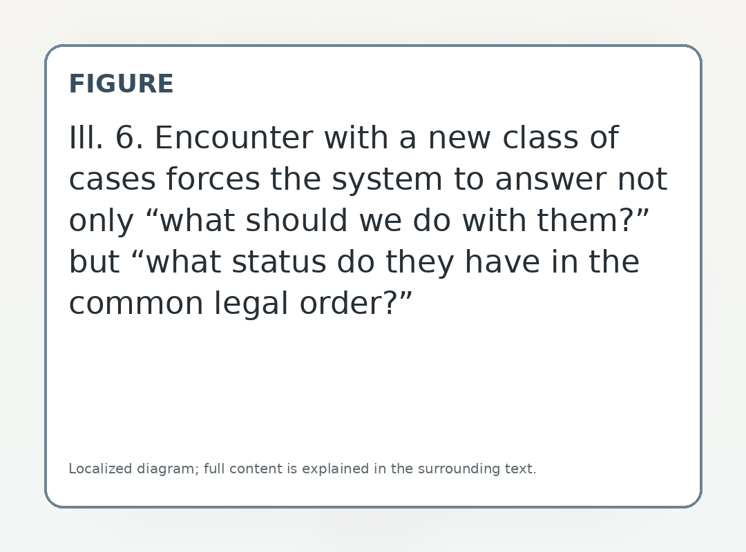 Encounter with a new class of cases forces the system to answer not only “what should we do with them?” but “what status do they have in the common legal order?”