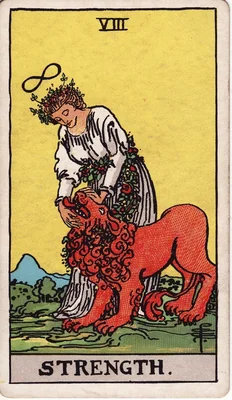 VIII. Strength — Leo. Rider–Waite deck, 1909