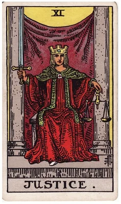 XI. Justice — Libra. Rider–Waite deck, 1909