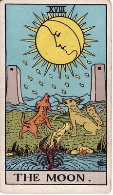 XVIII. The Moon — Pisces. Rider–Waite deck, 1909