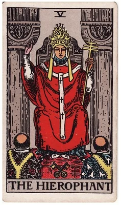 V. The Hierophant — Taurus. Rider–Waite deck, 1909